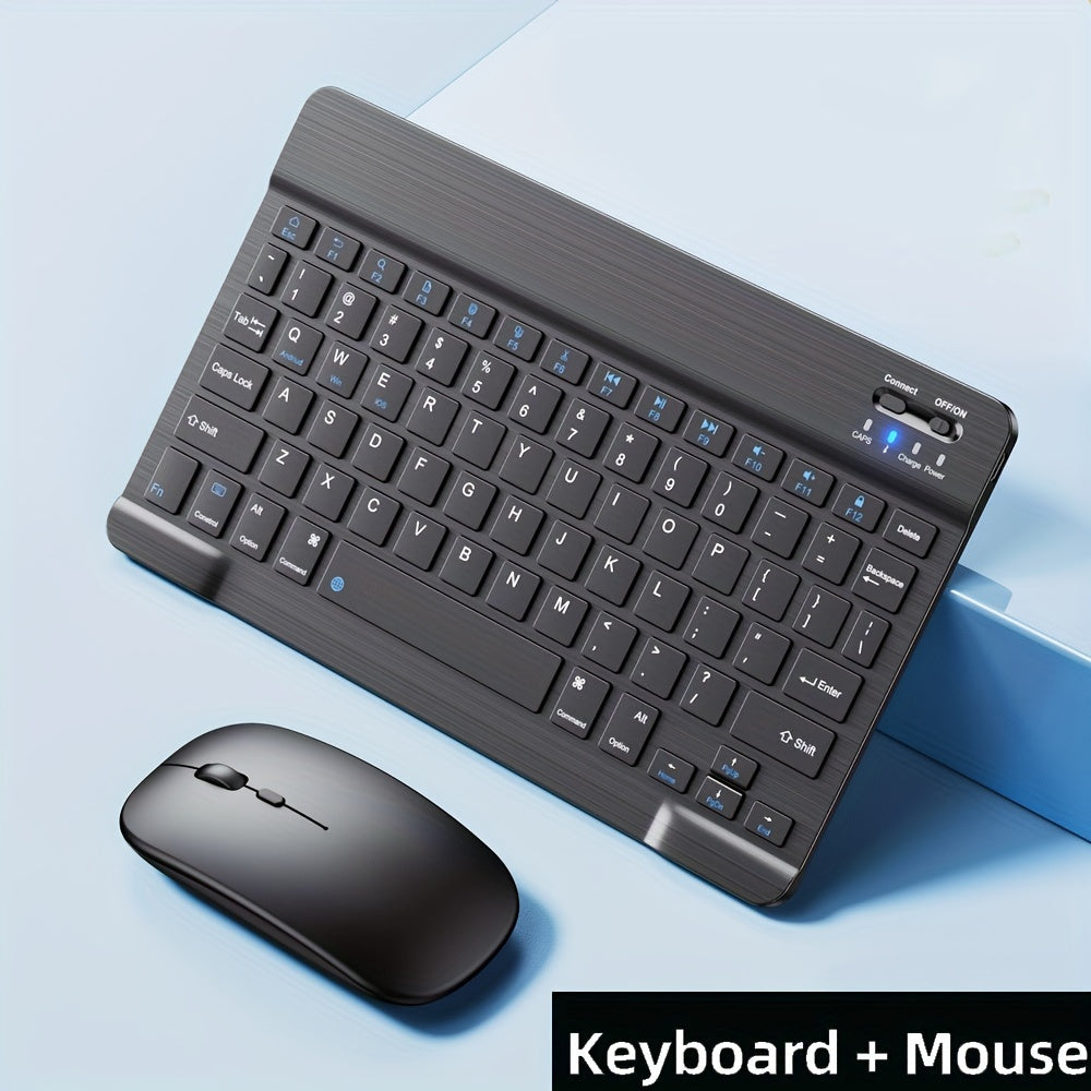 Portable mini wireless keyboard and mouse combo with slim design, rechargeable lithium-polymer battery, and compatibility with various devices. Features optical movement detection, silent