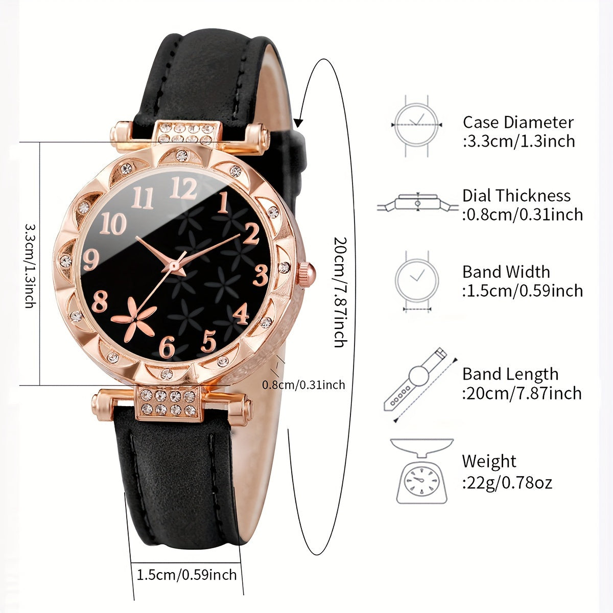 Set includes a women's fashion watch with bracelet. Features digital quartz movement, round alloy case, PU leather strap, and non-rechargeable battery. Watch box not included.