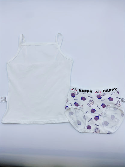 3-piece girls' cotton underwear set featuring cute cartoon tank tops and briefs, suitable for all seasons with a breathable comfort fit.