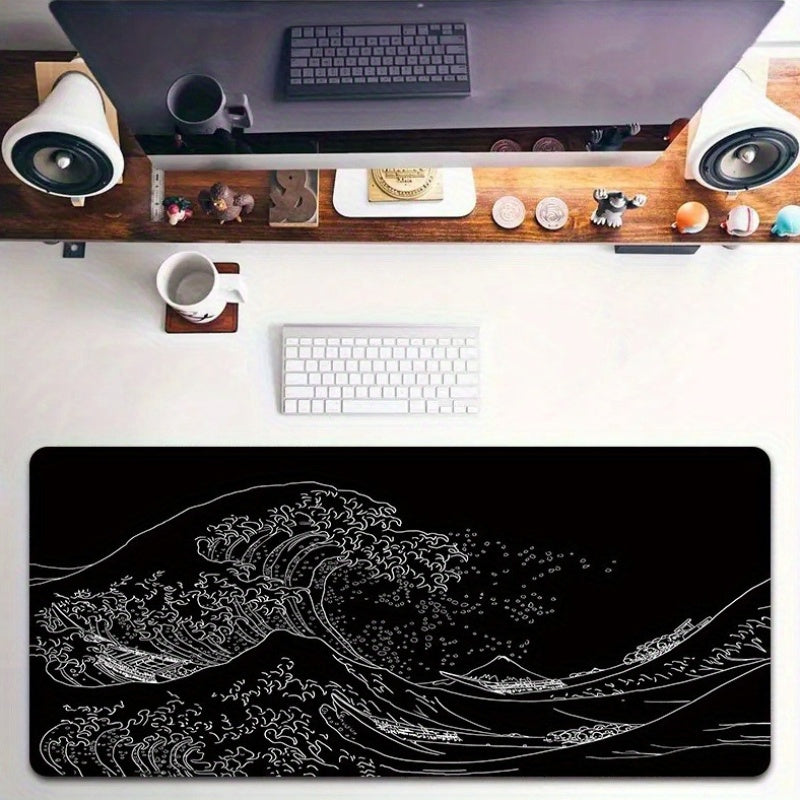 Japan Black Sea Wave Design Large Gaming Mouse Pad with Non-Slip Rubber Base for Keyboard and Mouse, ideal for Office Desk.