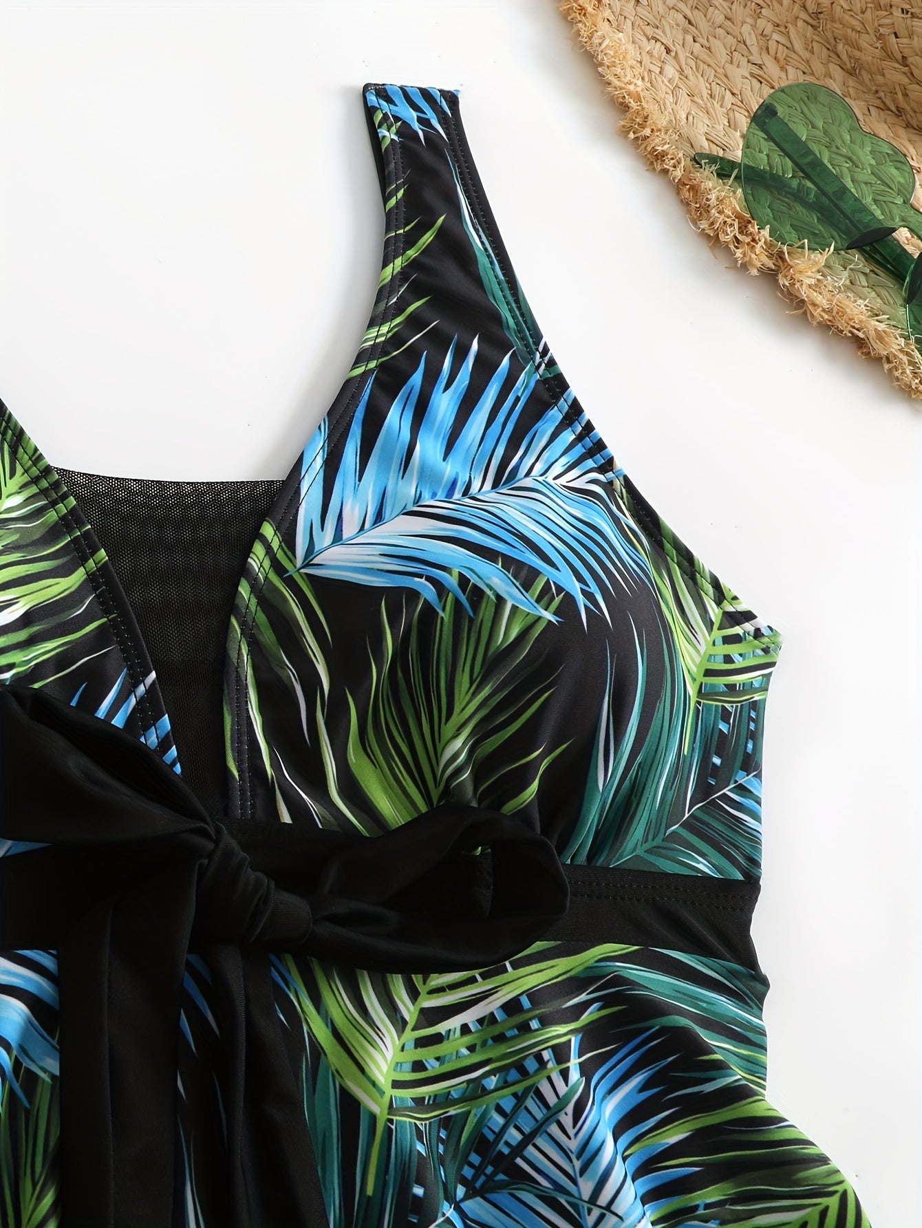 Leaf print mesh one-piece swimsuit with backless design for women's swimwear