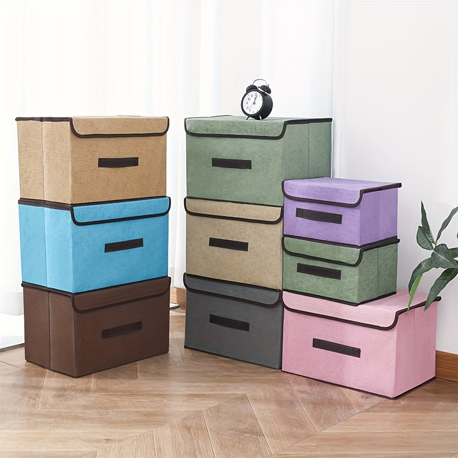 Foldable desktop storage box made from textile non-woven material, ideal for sorting clothes and household items. This two-piece storage box is perfect for keeping your items dust-proof and organized.