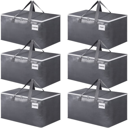 Set of 4 Sturdy Moving Boxes, Large 93L Grey Storage Tote Bags with Strong Handles, Foldable Rectangular Polypropylene Bags for Moving, Storage, and Travel, Waterproof with Flip-Top Closure, Convenient Under-Bed Storage