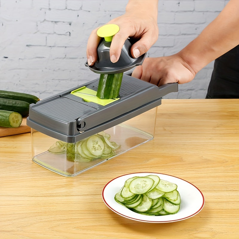 Get the 14/16pcs Multi-Functional Vegetable Cutter Set: Manual Food Grater Slicer with Container, Stainless Steel Interchangeable Blades, Plastic Kitchen Gadgets for Chopping, Shredding, Mincing - No Electricity Required