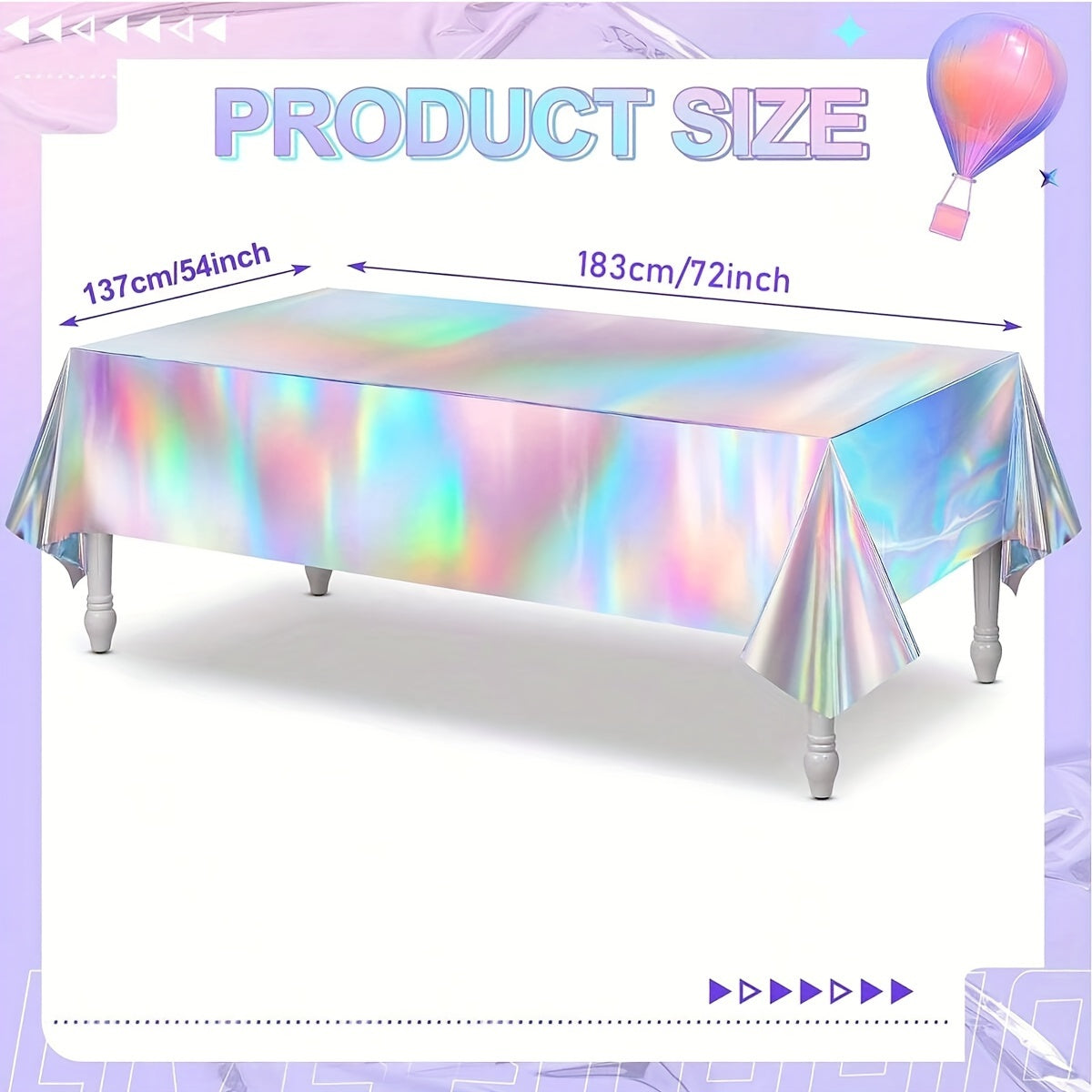 Disposable holographic tablecloth with a laser iris design, ideal for parties and events. Measures 137.16cm x 182.88cm.