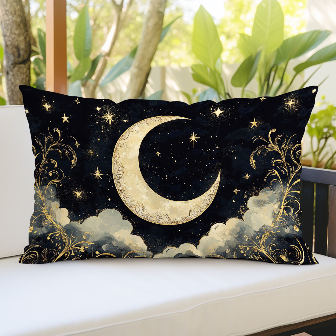 Contemporary crescent moon and stars print pillow cover, 30x50cm, made of soft peach skin velvet with zipper closure. Machine washable and suitable for various room types.