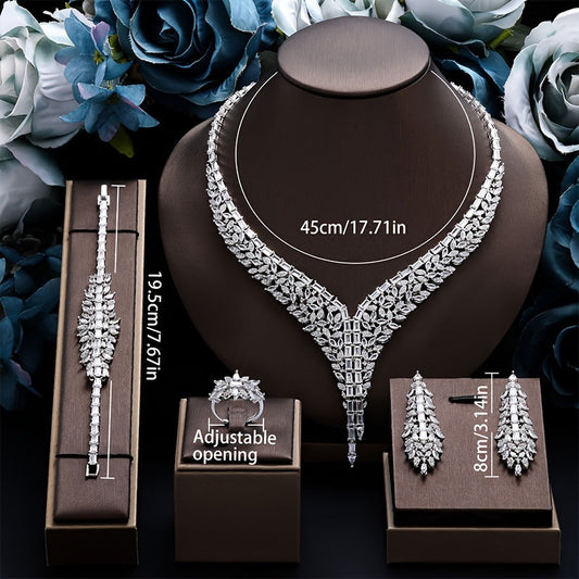 Exquisite Bridal Jewelry Set, 4-piece Set in White Gold-plated Copper with Cubic Zirconia, Perfect for Weddings and Vacations