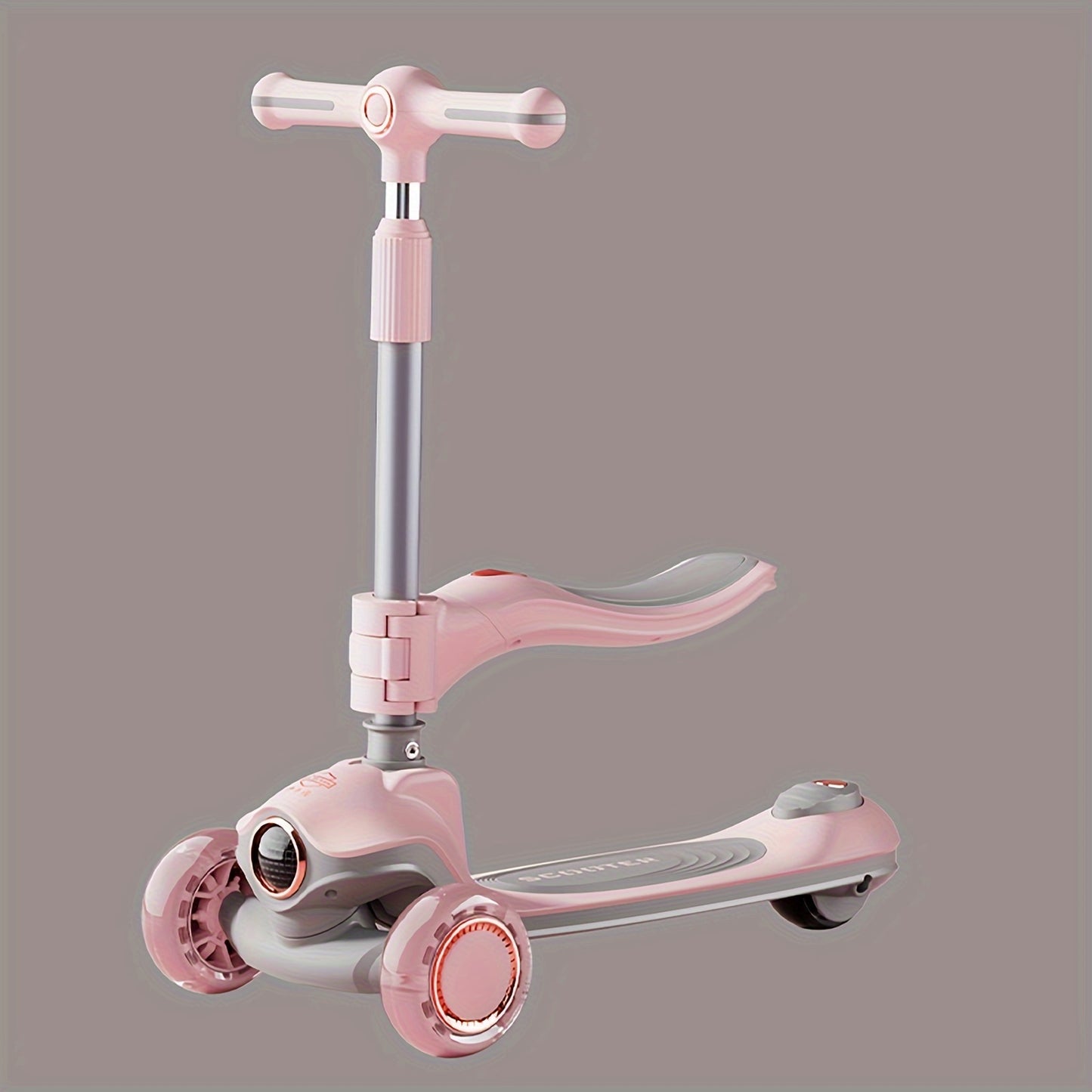 Children's 2-in-1 scooter and bike with adjustable handlebar, LED wheels, music, and foldable design for ages 3-8, offered in various colors.