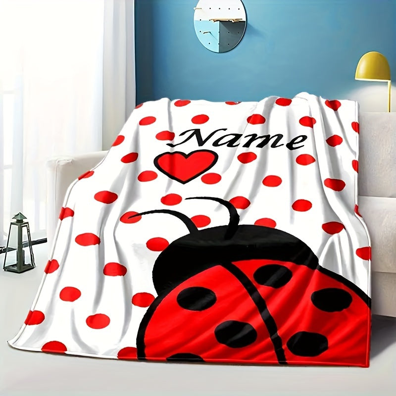 Customize your own Ladybug Print Flannel Throw Blanket with a personalized name! This cozy fleece throw is perfect for use on your sofa, bed, office, or even outdoors while camping. The all seasons cartoon style multipurpose blanket is machine washable