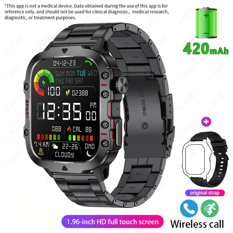 LIGE Men's Smart Watch features Voice Assistant, IP67 Water Resistance, Sports Strap, 100+ Exercise Modes, Rechargeable Battery, Weather and Flashlight Features, Alarm Clock, Calculator, Zinc Alloy Case, and USB/Battery Power.