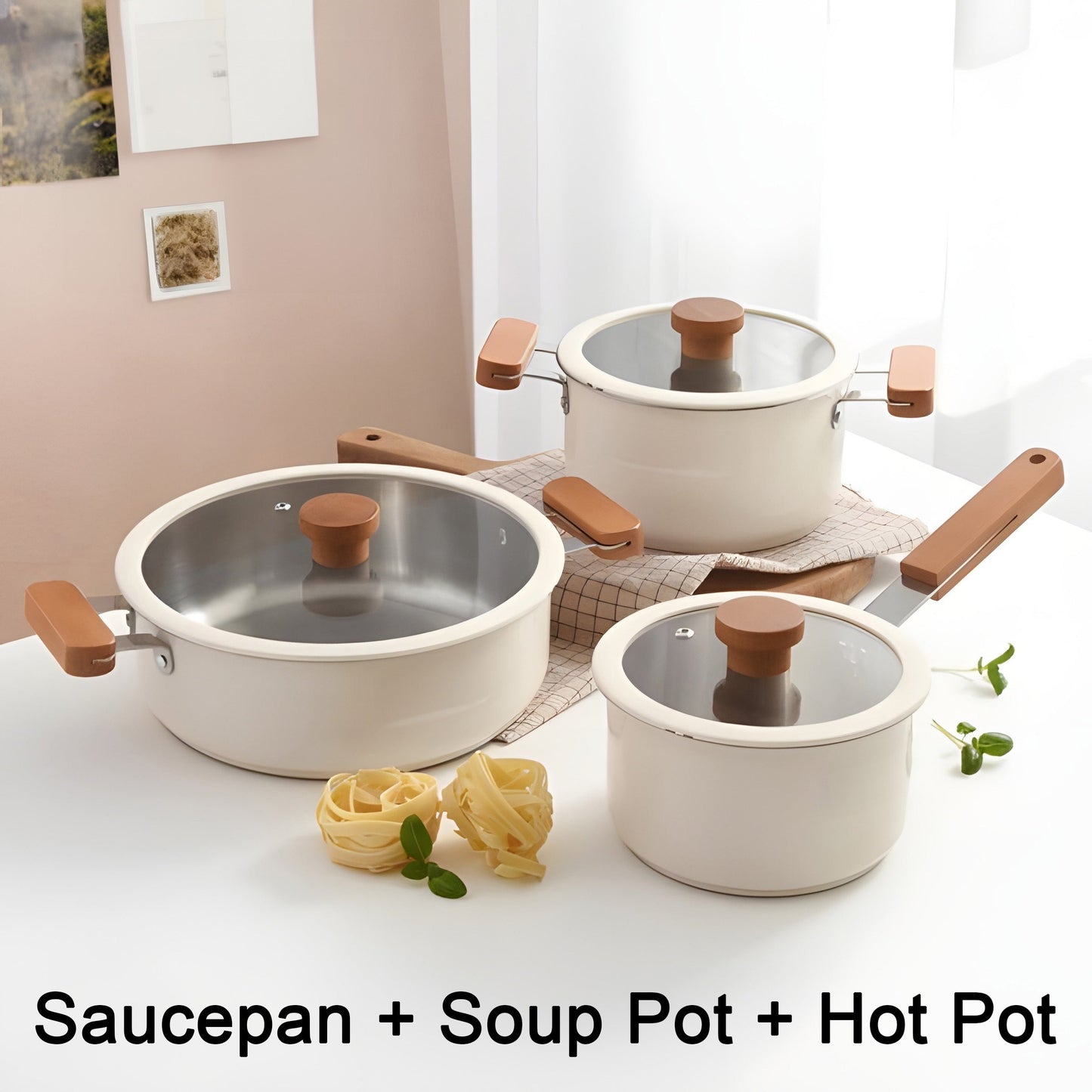 Stainless Steel Kitchenware Set with High Temperature Ceramic Paint, Tempered Glass Lid, and Wooden Handle. Features a 3-layer Aluminum Core Base, Suitable for All Stoves. Includes Beige Sauce Pot, Soup Pot, and Hot Pot.