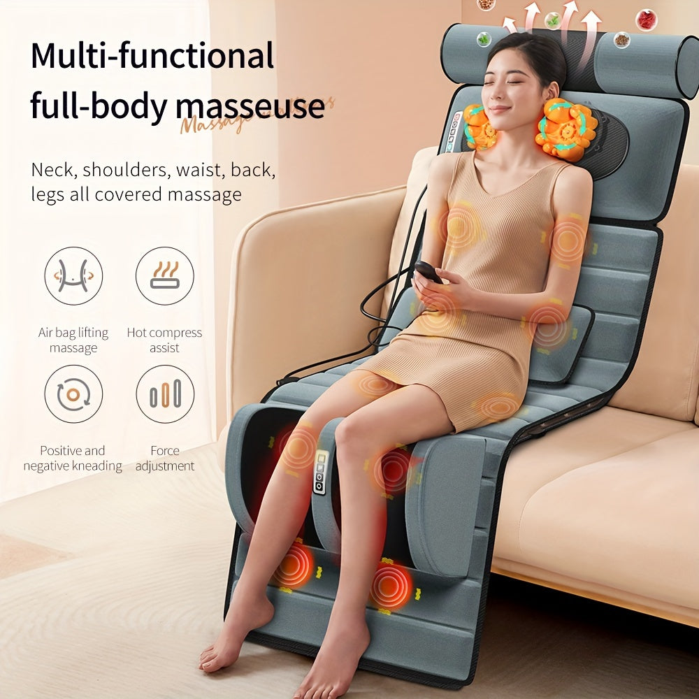 Full-body massage mat with heat and foot massager, including whole body vibration, 9 massage settings, and 3 timer options. Targets back, neck, lumbar, legs, and feet.