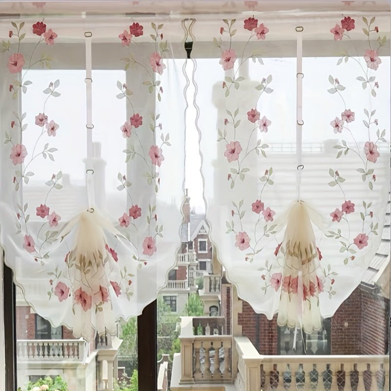 Roman curtain with elegant red flower embroidery, suitable for living room, bedroom, and kitchen. Ideal for adding a touch of sophistication to your indoor cafe kitchen decor.