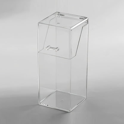 Clear acrylic desk organizer with lid for makeup brushes and pens. Transparent design for easy access and visibility. Made of clear acrylic material.