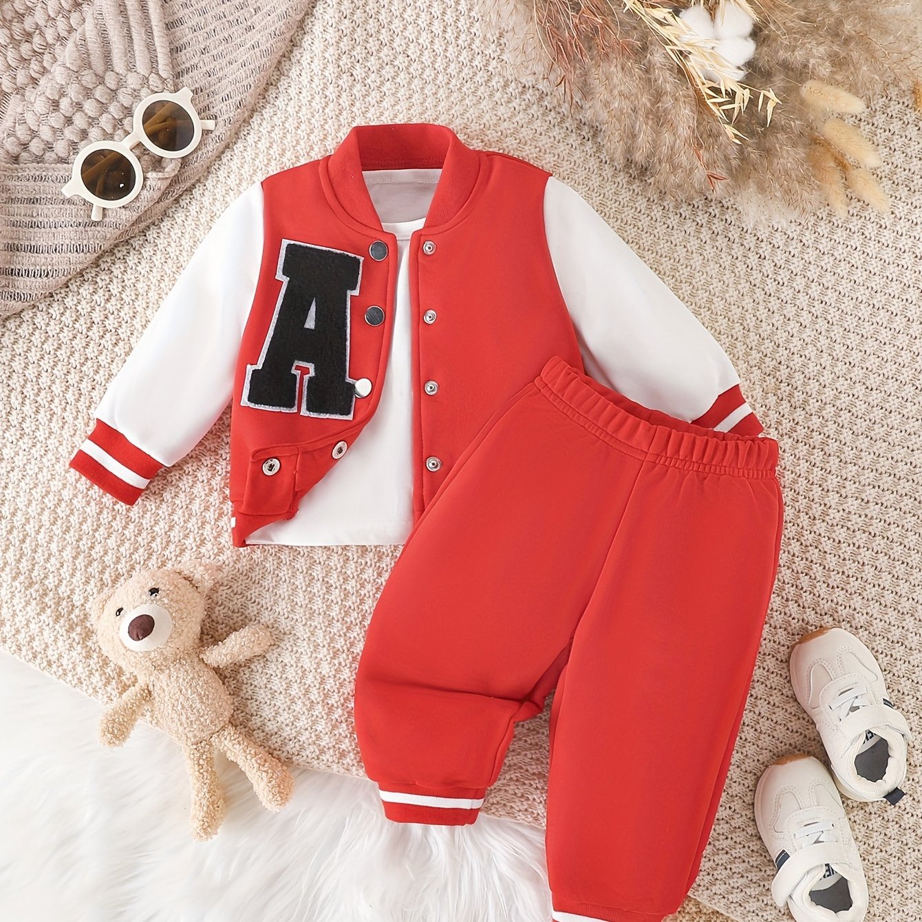 Infant boys' casual outfits for fall/winter: trendy baseball coat and pants set.