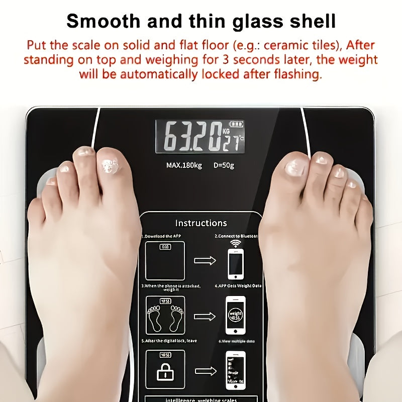 Smart weight scale with wireless connectivity and battery power, suitable for home and office use. Includes AAA non-rechargeable battery, perfect as a holiday gift.