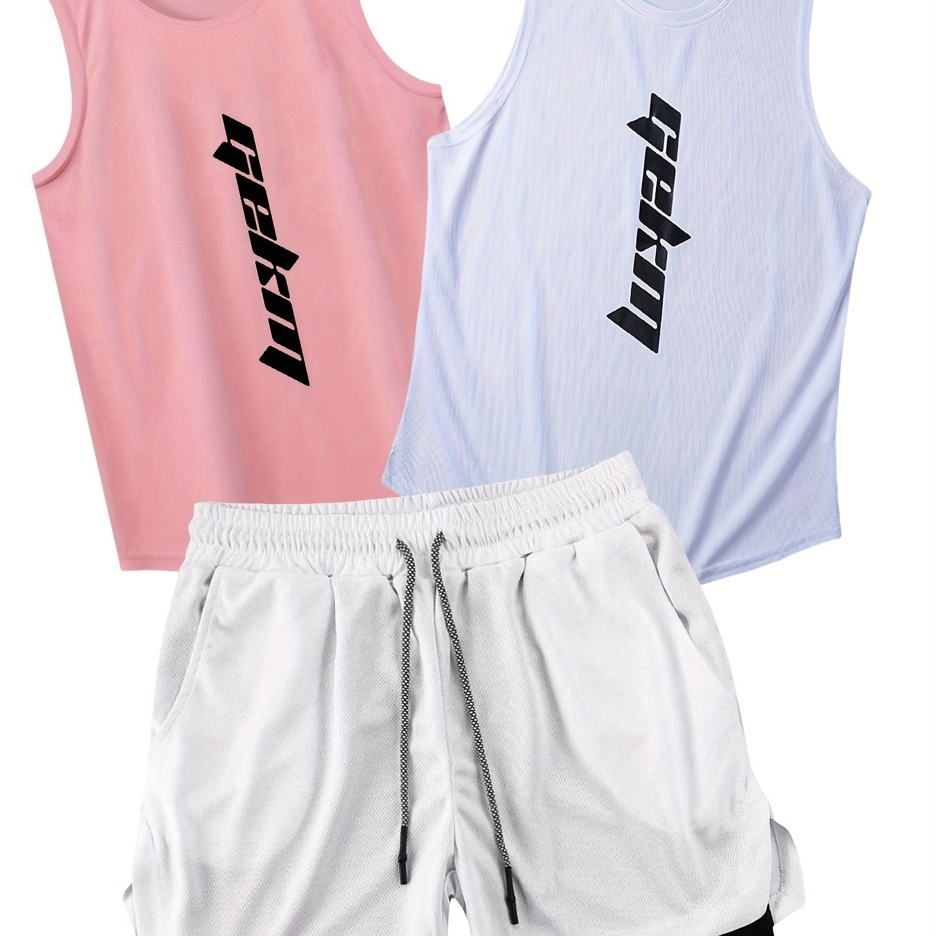 Men's Summer Fashion 3-pack of Sportswear, includes tank tops and drawstring shorts for casual, basketball, and fitness wear.