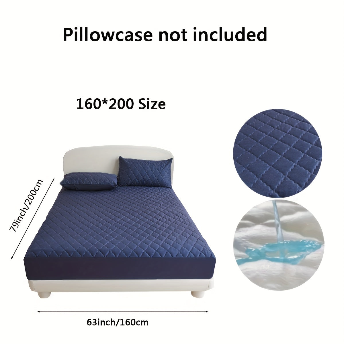 Diamond quilted waterproof bed sheet protector made of 100% woven polyester. Machine washable and available in multiple sizes (pillow shams not included).