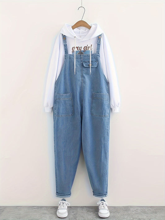 Women's casual style denim overalls in light washed blue, loose fit, also available in denim jeans & clothing.