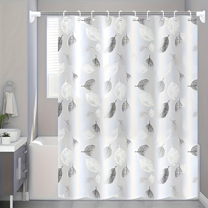 Leaf pattern shower curtain with liner, hooks, and waterproof & durable design.