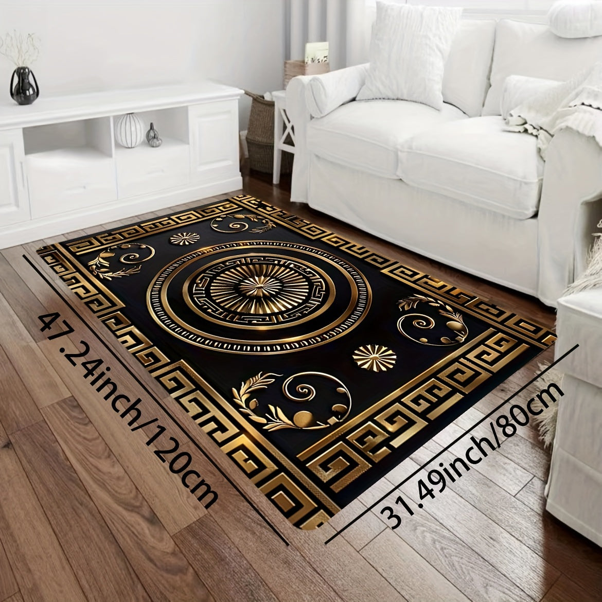 Luxurious Black and Golden Patterned Rectangle Carpet, perfect for the Kitchen, Living Room, Bedroom, or as an Indoor Door Mat. This soft and thickened carpet can be machine washed and used as a decorative piece in any indoor space.