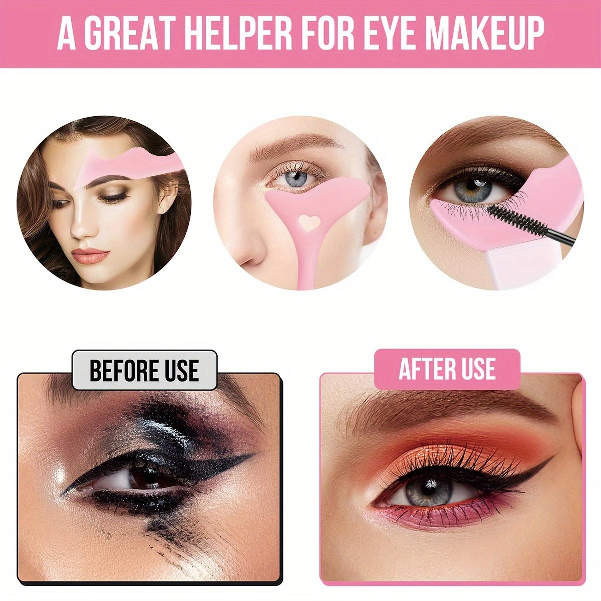 Set of 3 silicone makeup guides in pink for perfect eyeliner, eyelashes, and brows, suitable for all skin types, fragrance-free.