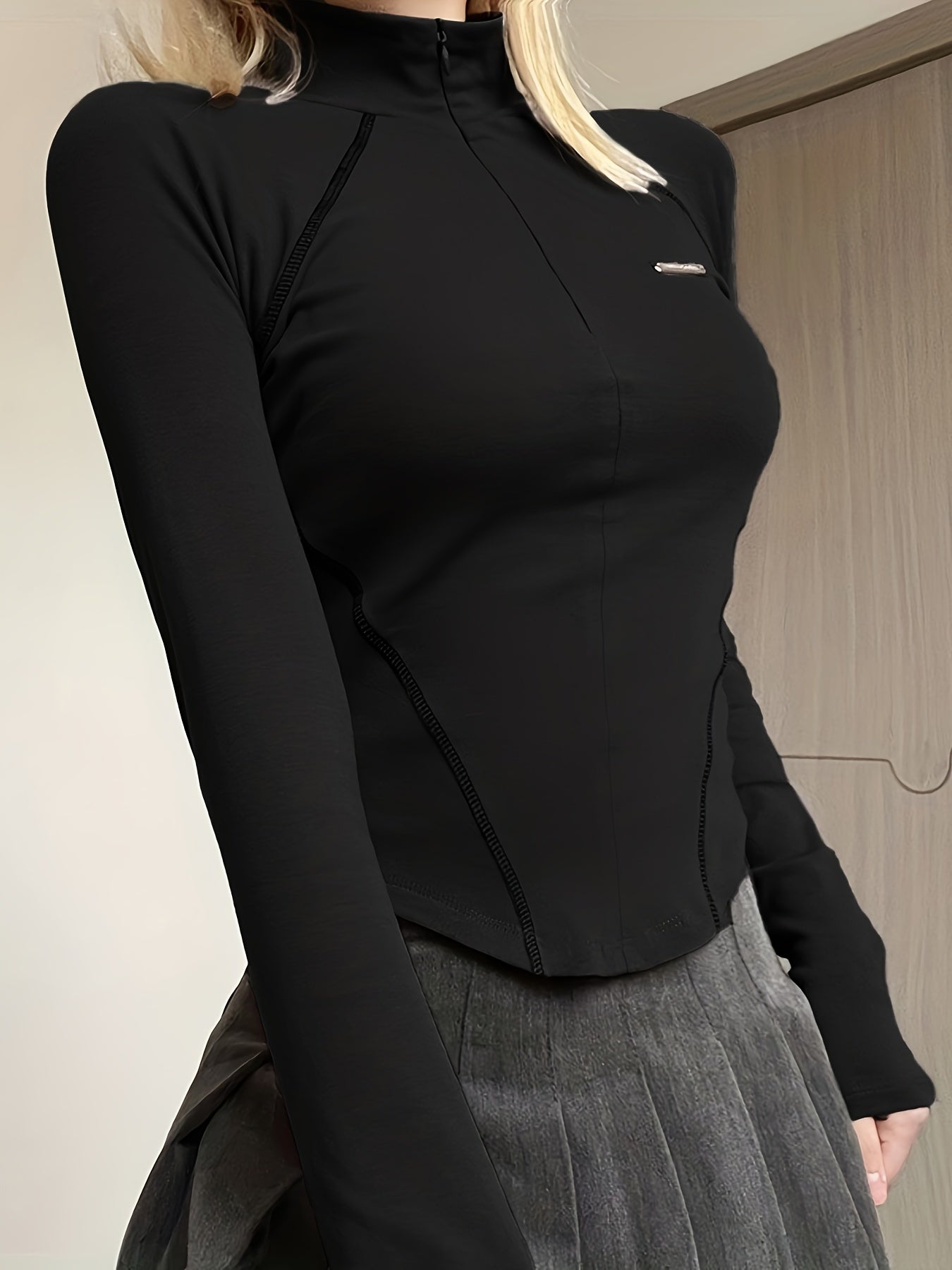 New for Summer 2023, this women's casual sports t-shirt has a cool motorcycle vibe with an invisible zipper design, perfect for autumn and winter with a stand-up collar and long sleeves.