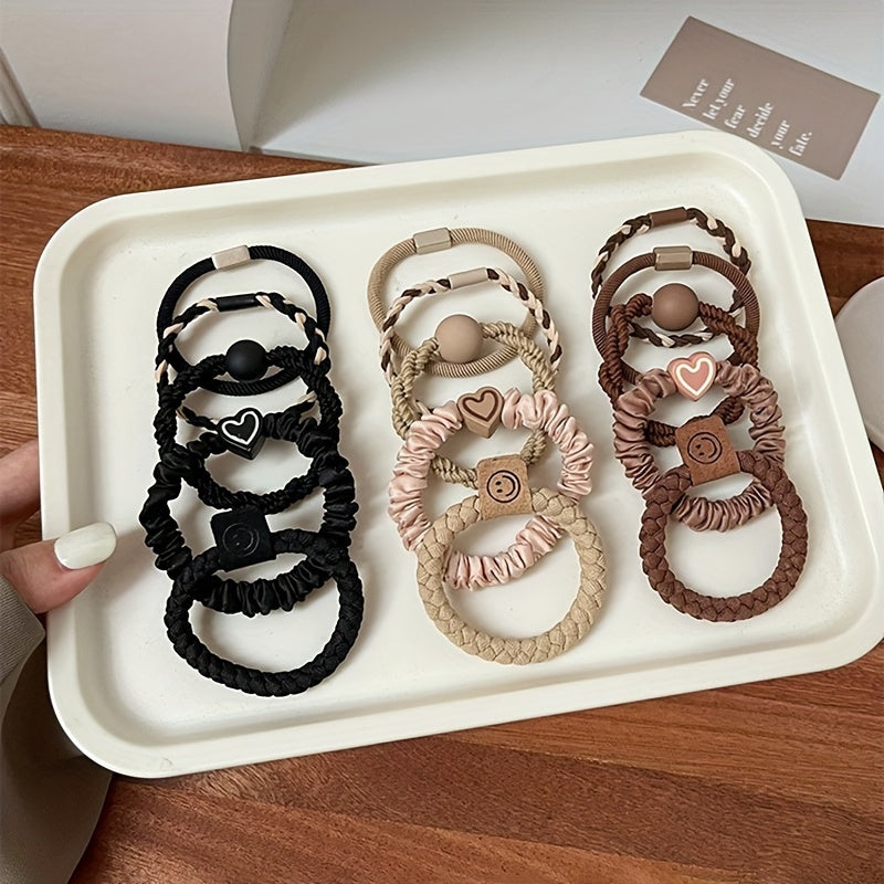 ZFPAS Casual Polyester Hair Ties Set with Cute Heart-Shaped & Smile Face Charms - Twisted Elastic Hair Loops for Women