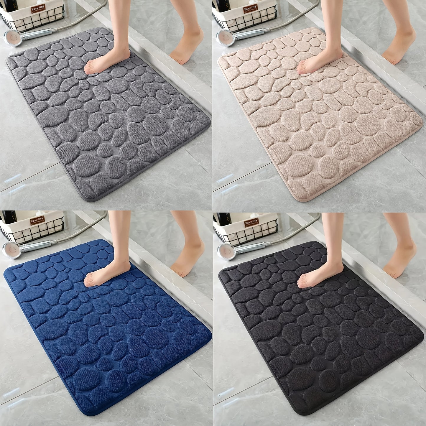 Soft, memory foam bath rug with cobblestone embossment. Rapid water absorbent, non-slip, and washable. Ideal for shower rooms, bathrooms, kitchens, bedrooms, and as decorative accessories.