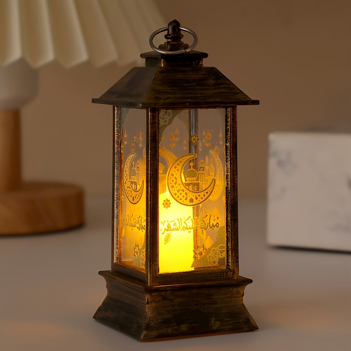 Rustic LED lantern for home decor and festive celebrations, battery operated with included button battery, perfect for Eid al-Fitr and holiday ambiance. Traditional style lantern made of