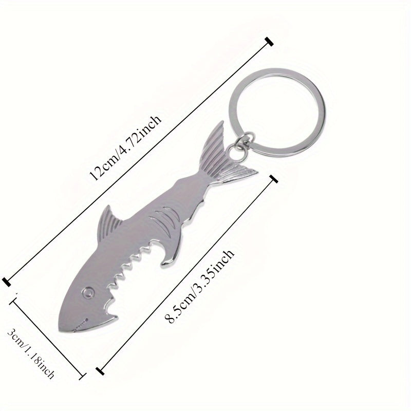 Shark-shaped stainless steel bottle opener keychain: a unique and creative beer accessory, perfect gift idea. Silvery color, made of alloy.