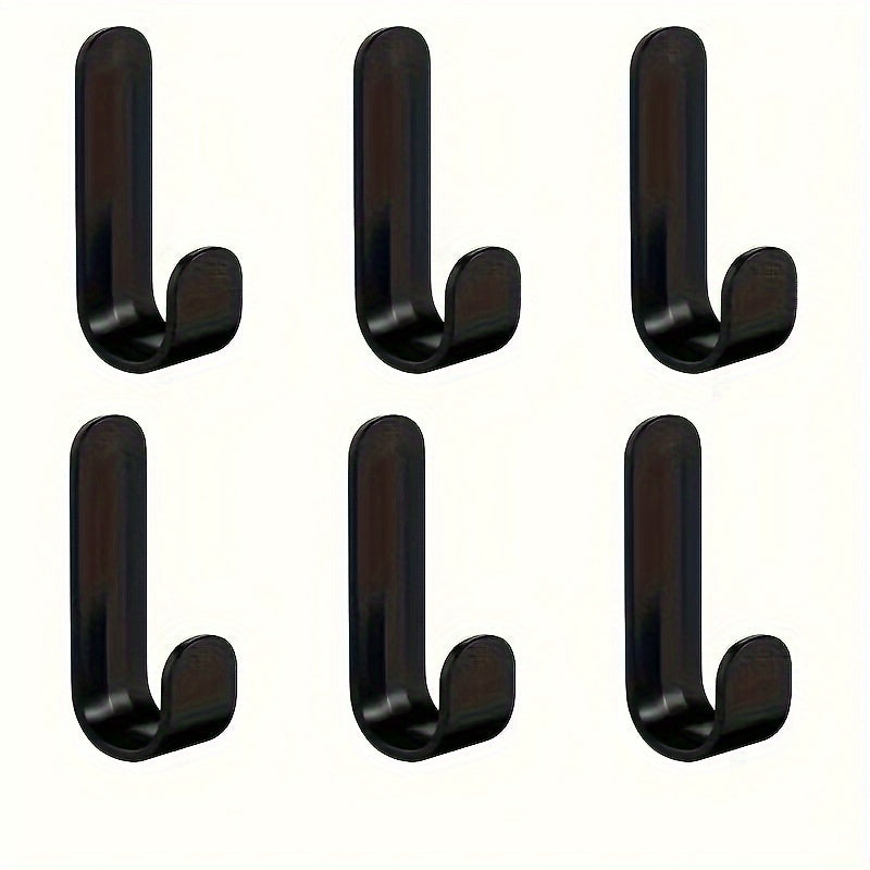 6 strong adhesive J-shaped hooks for kitchen storage, with no-drill, rust-resistant plastic design.