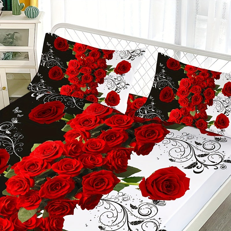 Set the mood with this romantic 3-piece Red Rose Print Fitted Sheet Set. Made from soft, breathable material, this bedding set will provide a comfortable night's sleep. Perfect for the bedroom or guest room, the set includes 1 fitted sheet and 2