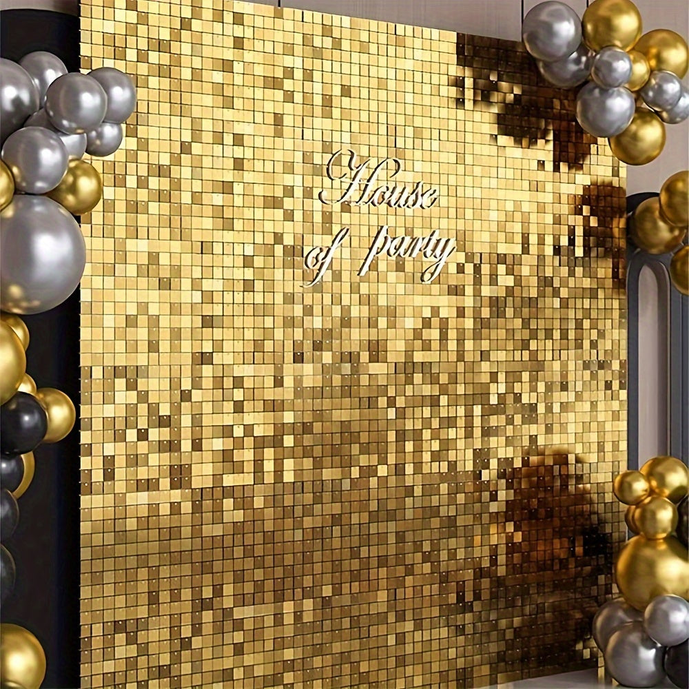 Golden sequin rain curtain for parties, no power required, ideal for birthdays and weddings.