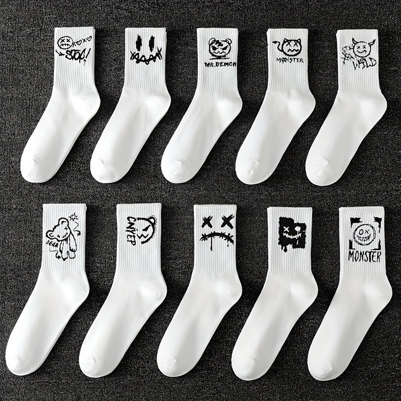 Men's trendy graffiti crew socks, 3/5/8/10 pairs, breathable and comfy for outdoor wear