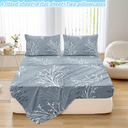 4-piece bedding set includes 1 flat sheet, 1 fitted sheet, and 2 pillowcases made of 100% polyester with floral print. Machine washable and suitable for all seasons. Does not include pillow