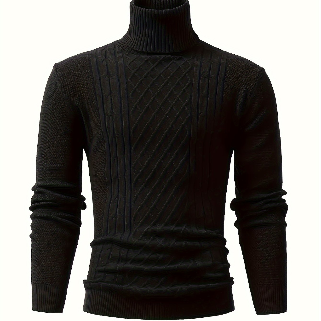 Men's cable knit turtleneck sweater for fall/winter, warm and stretchy pullover with solid color, long sleeves, blend fabric.