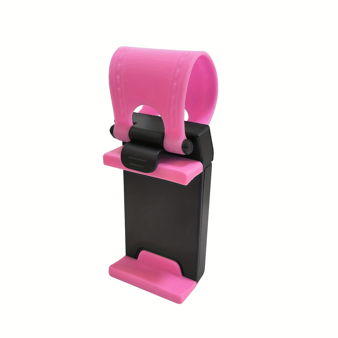 Durable and easy-to-use universal car phone holder with plastic steering wheel mount, mobile phone stand support, and bike clip mount.