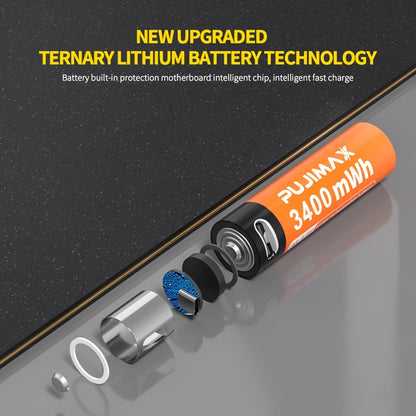 PUJIMAX 1.5V AA rechargeable lithium batteries are stable, can be reused 1500 times, cost-effective, and suitable for various devices like mice, remote controls, doorbells, toys, and alarm