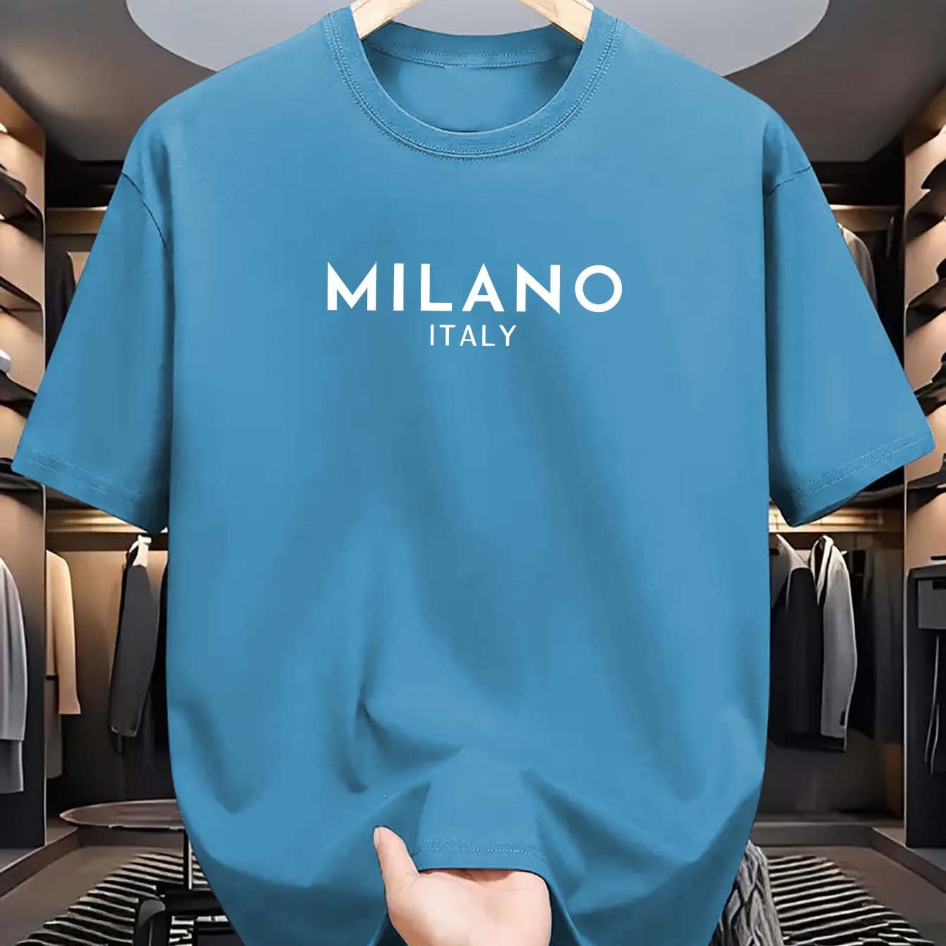 Men's Milano Italy Print T-Shirt, Casual Crew Neck Tee with Polyester Knit Fabric, Summer Short Sleeve Top with Stretch, Fashionable Regular Fit for Adults.