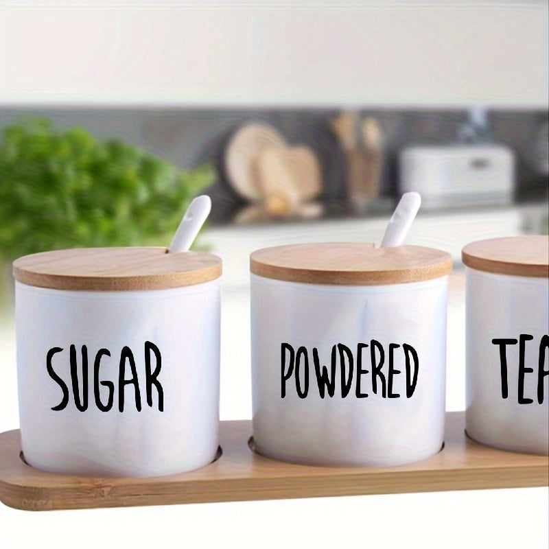 Set of 4 brown cup stickers for labeling sugar, coffee, tea, and powder in the kitchen. Made of vinyl decals for walls.