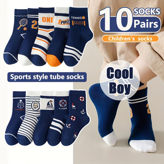 10 pairs of kids cartoon sports calf socks made from a polyester blend with 5% Spandex, knit fabric, all-season comfort, hand wash only, for children aged 0-14.