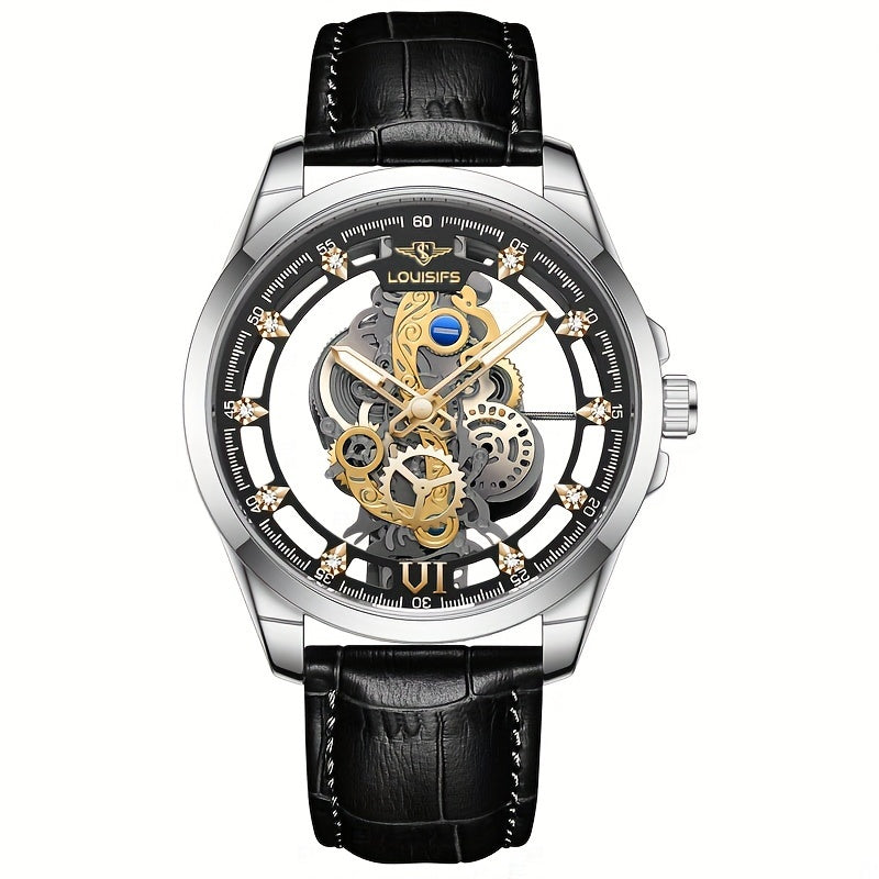 A new men's watch with transparent double-sided design, PU leather strap, luminous hands, and quartz movement.