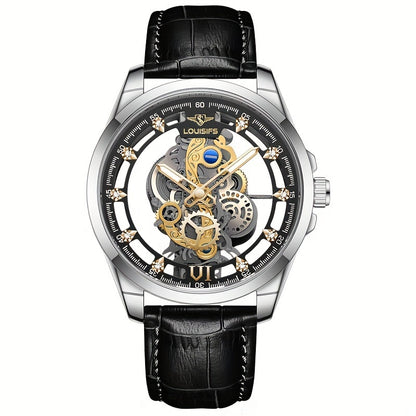 A new men's watch with transparent double-sided design, PU leather strap, luminous hands, and quartz movement.