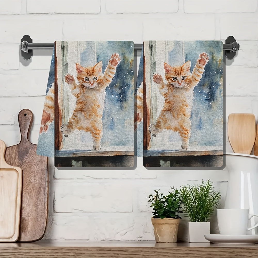 This set includes 2 ultra-soft kitchen towels with a playful kitten jumping onto a windowsill design. These highly absorbent dish towels are great for holiday decoration and can be easily machine washed. Each towel measures 40.64x60.96 cm.