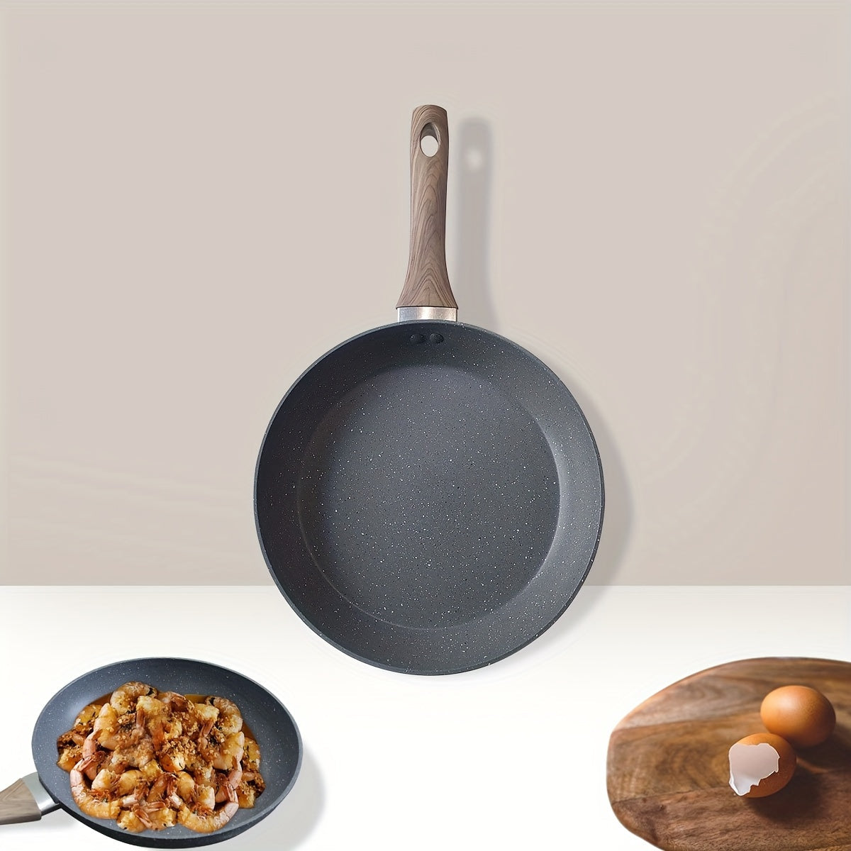 Non-stick aluminum frying pan designed for frying eggs and steaks on household induction cookers and gas stoves. Constructed with gray granite stone for durability.