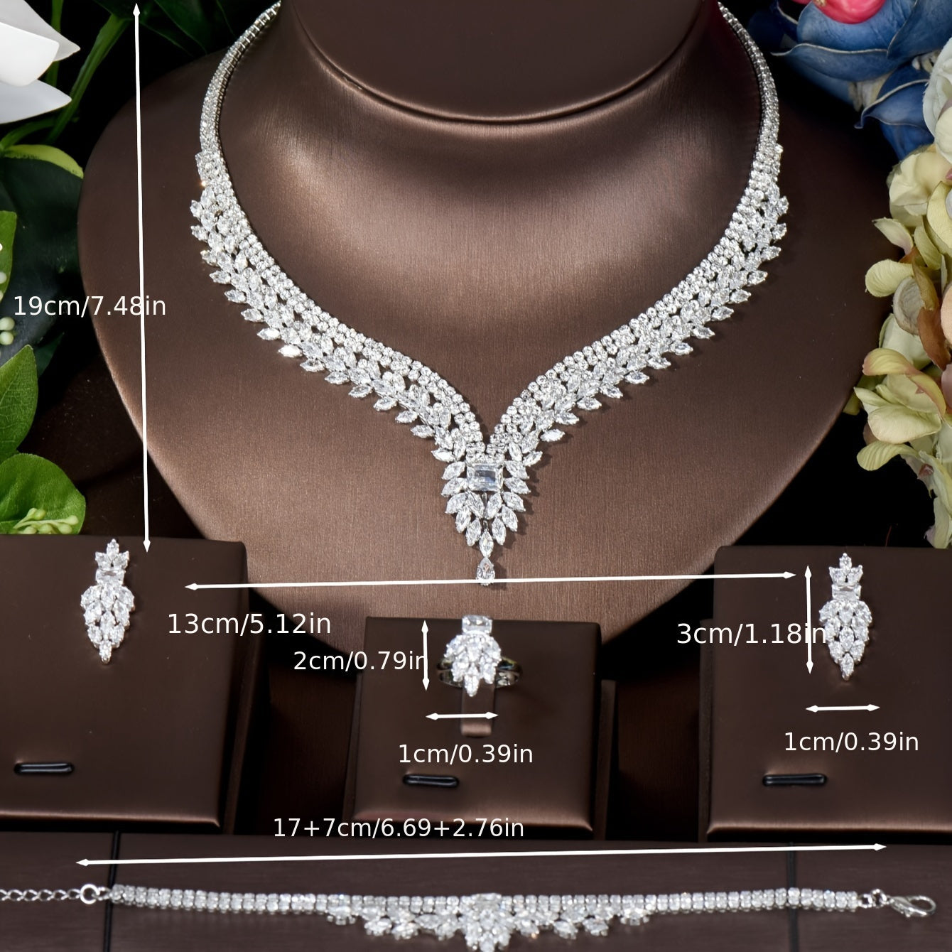 Luxurious Leaf-Shaped Cubic Zirconia Jewelry Set, Elegant Bling Style for Women's Romantic Wedding - Includes Necklace and Earrings