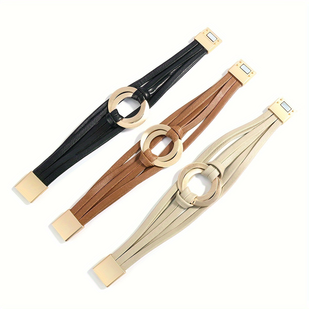 Artificial leather bracelet for women with double circle charm and magnet buckle clasp - a stylish wide bangle bracelet that makes a great gift.