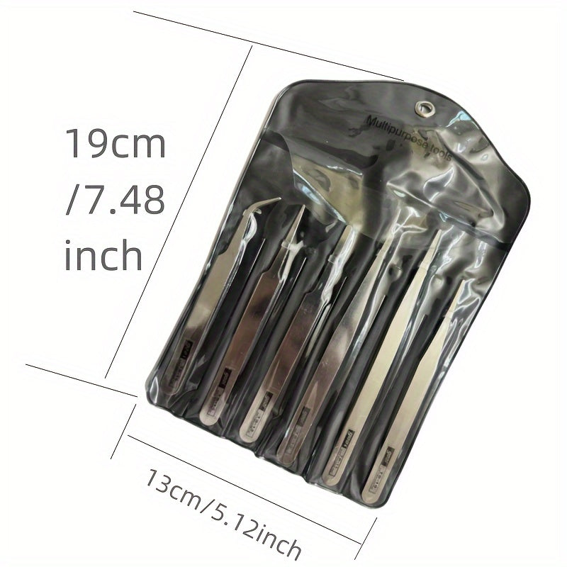 6pcs stainless steel tweezers for DIY, succulent care, and home use with precision straight and curved tips.