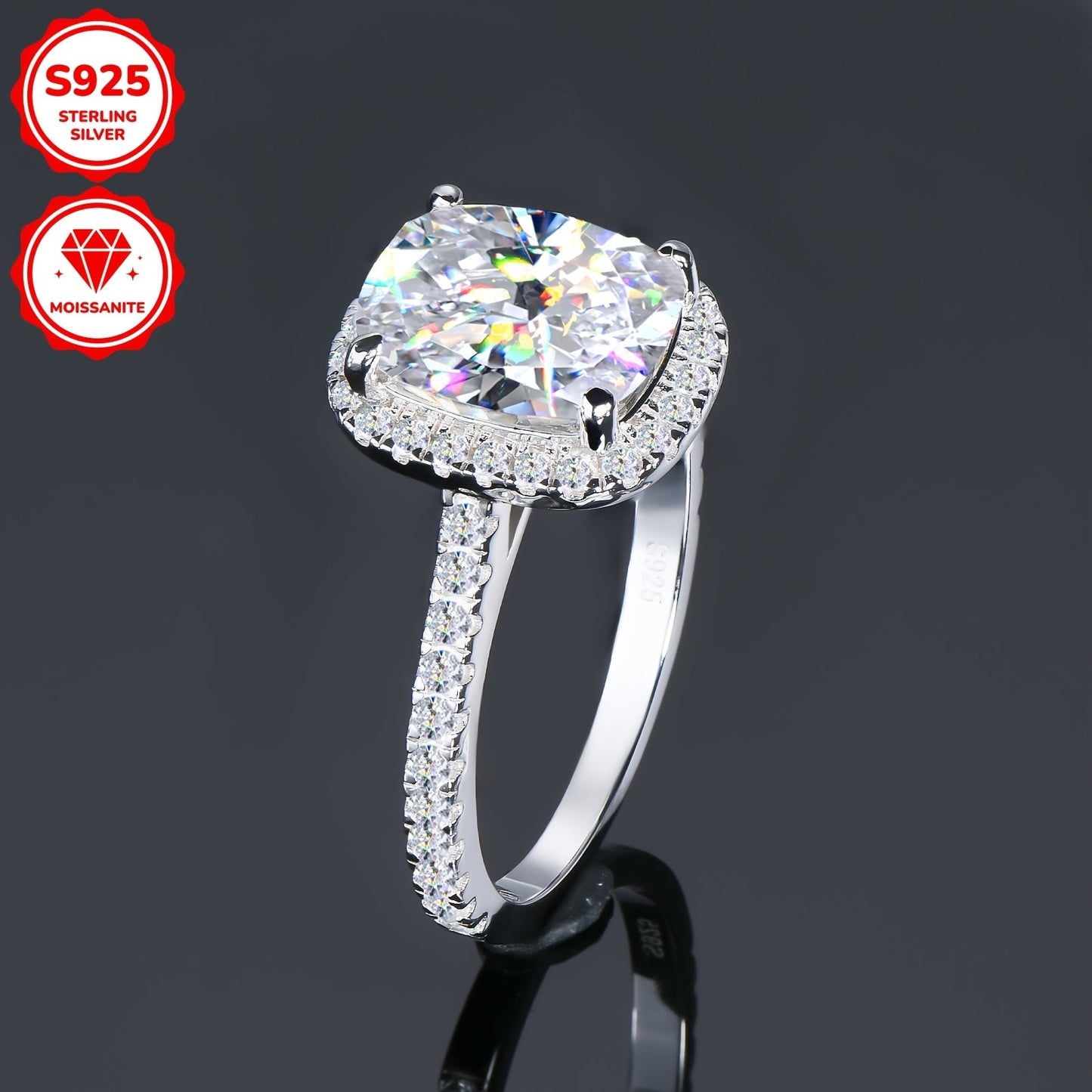 Elegant 4CT Moissanite Engagement Ring - US10 Size, VVS1 Clarity, D-E Color, 925 Sterling Silver with Halo Diamond Setting & Cubic Zirconia Side Stones, High-Polished, Ideal for Weddings & Anniversaries.